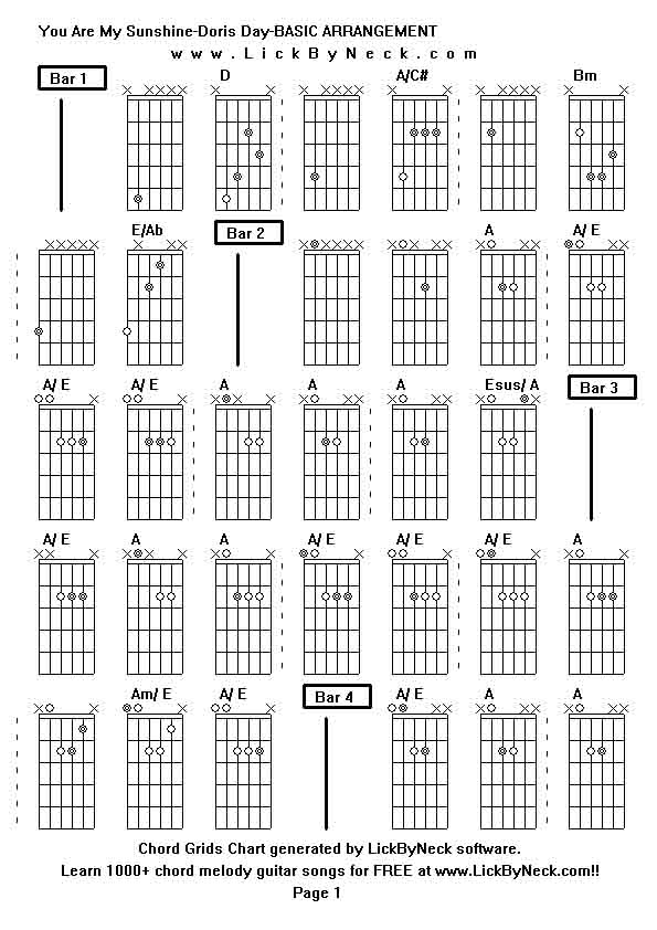 Chord Grids Chart of chord melody fingerstyle guitar song-You Are My Sunshine-Doris Day-BASIC ARRANGEMENT,generated by LickByNeck software.